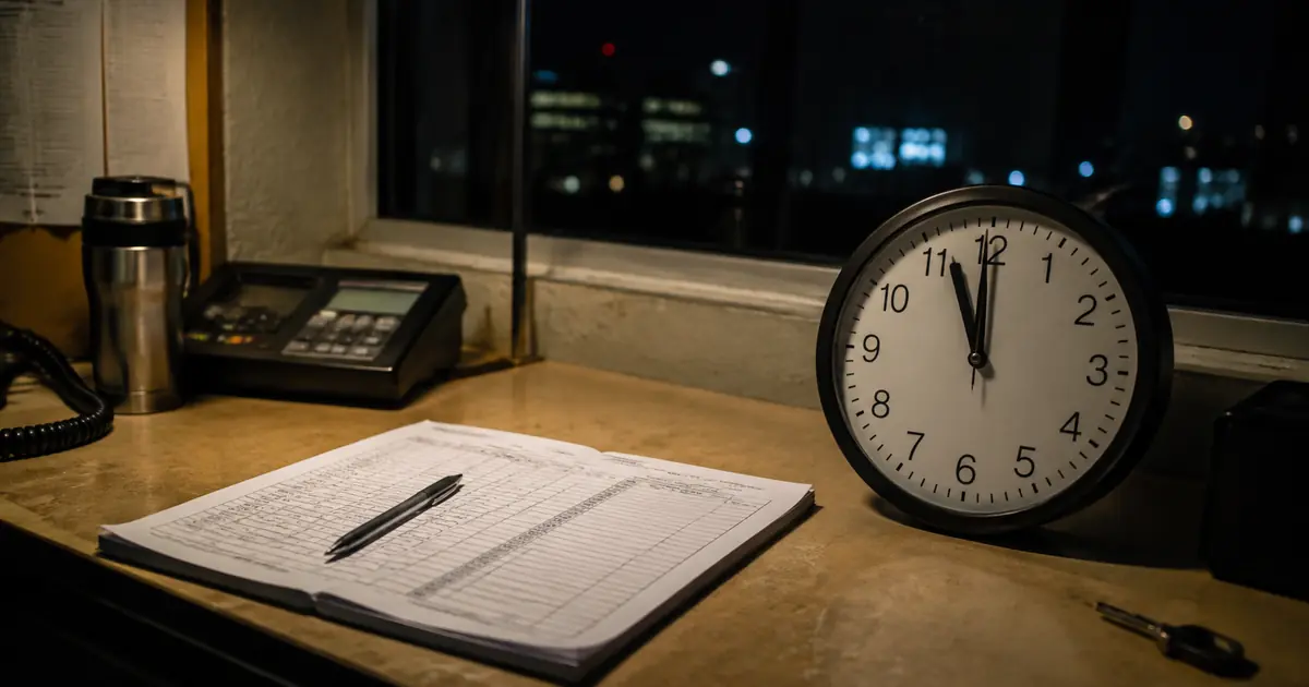 Mesa de trabalho noturna com relógio próximo da meia-noite e registro de turno