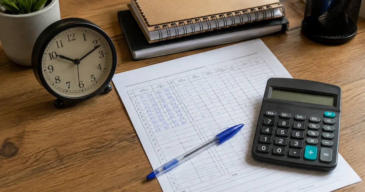 Relógio, calculadora e folha de ponto sobre uma mesa de trabalho