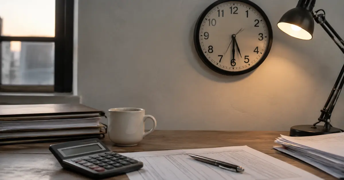 Relógio de parede, calculadora e registro de jornada ao fim do expediente